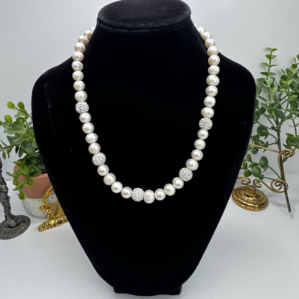 Freshwater Pearl Necklace With Sparkling Pave Crystal Beads Elegant Adjustable - Picture 2 of 9
